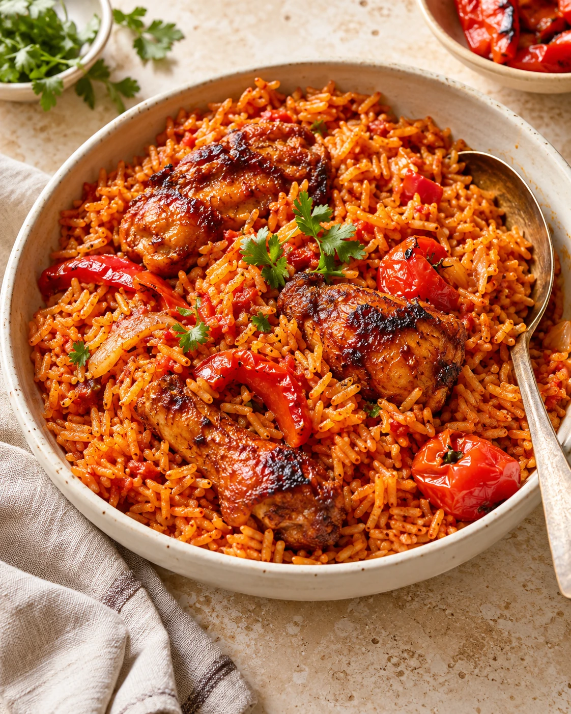 Rich tomato jollof rice in an ivory ceramic bowl