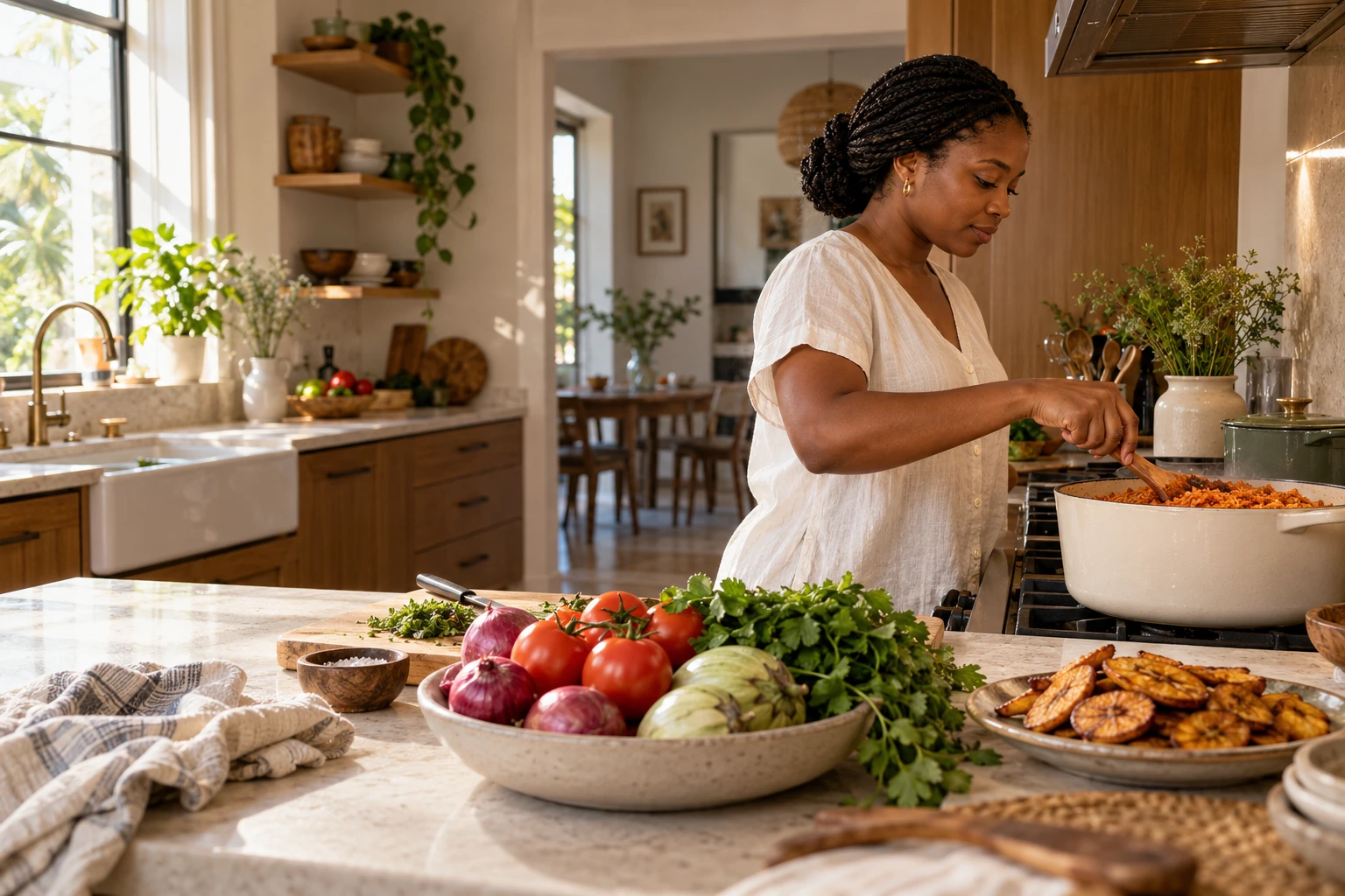 A Ghanaian home cook preparing a meal in a sunlit kitchen