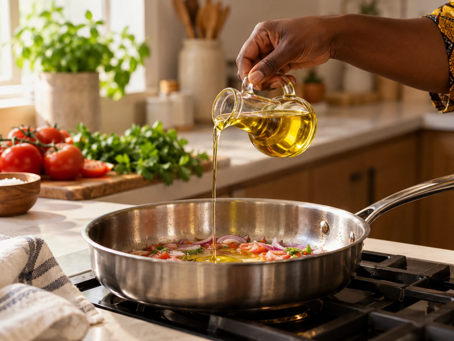 Illustrative view of golden cooking oil being poured into a pan